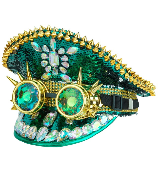 HAT FESTIVAL SPIKED WITH JEWELS & SPIKED KALEIDOSCOPIC GOGGLES SEQUIN GREEN