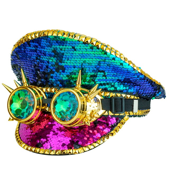 HAT FESTIVAL STUDDED WITH SPIKED KALEIDOSCOPIC GOGGLES SEQUIN MULTICOLOR